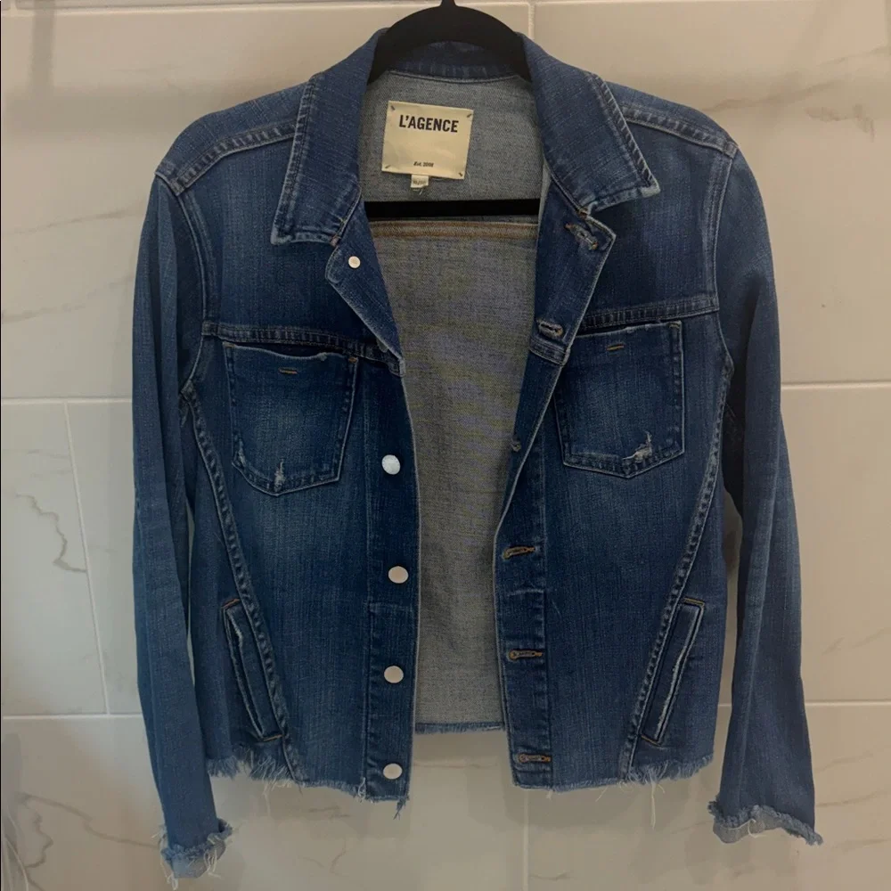 L'AGENCE Blue Raw Cut Denim Jacket - Picture 3 of 8